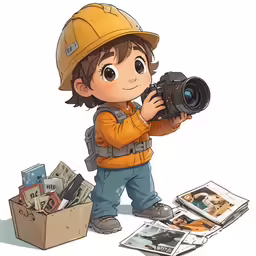 a kid in hard hat is taking pictures