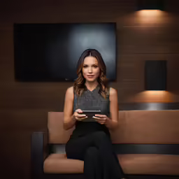 the woman is on her tablet while she sits