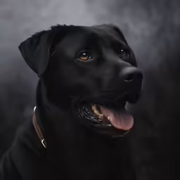 a close up of a black dog with a collar