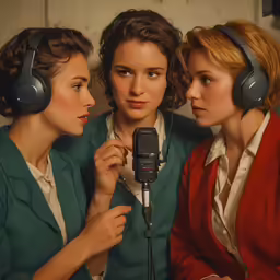 three beautiful women wearing headphones while holding a microphone