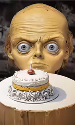 a creepy doll with eyes and head sitting next to a cake