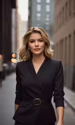 a beautiful woman standing on the street with one hand on her hip