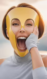 a woman with a yellow mask covering her mouth