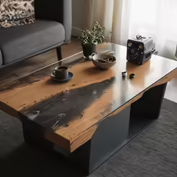 a coffee table sitting on top of a grey rug next to a couch