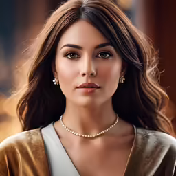 a close up shot of a woman wearing a gold dress and pearl necklace