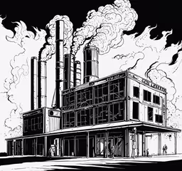a black and white illustration of an industrial factory,a black and white drawing of a factory