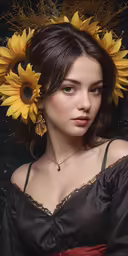 a girl wearing sunflowers in her hair