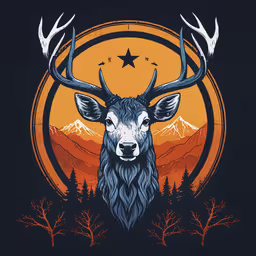 an old fashioned art print featuring a horned deer in the forest,a deer with antlers is shown on a background of trees