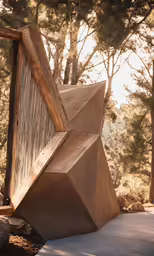 a sculpture made out of concrete sitting next to trees