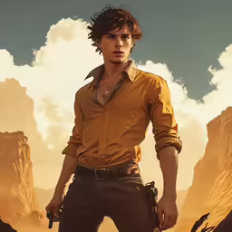 a man with gun in desert with rocks