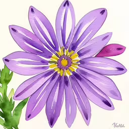this is a watercolor drawing of a purple flower,a painting of a purple flower with green leaves