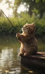 the kitten is playing with a fishing pole