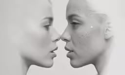two faces of an alien and female looking each other