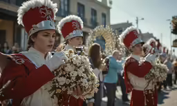 many women with red uniforms standing outside