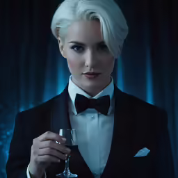 a woman dressed in black and white holding a wine glass