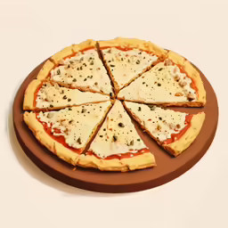 a pizza cut into slices on top of a brown plate