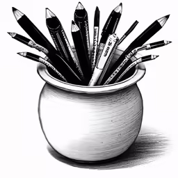 pencils and pen sitting in a white vase