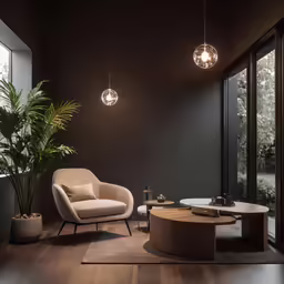 a room with some large windows and an unusual lamp