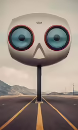 a strange looking object with big eyes in a highway