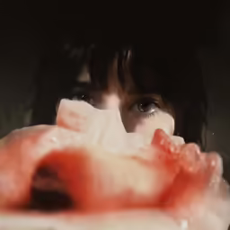 there is a woman looking through a piece of food