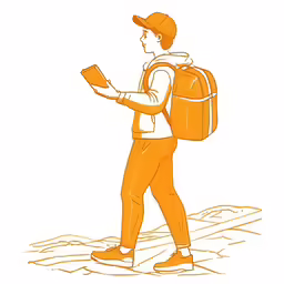 an orange hand drawn line of a guy with backpack reading
