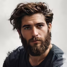 a man with long hair and a beard wearing a black shirt