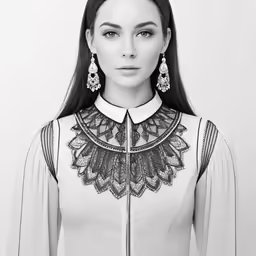 the model wears a white top and long black hair