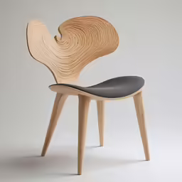 a modern wooden chair with a black seat