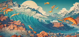some kind of artwork with dolphins in it,a painting with an underwater world and many animals