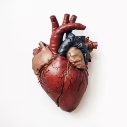 a fake human heart in various poses on a white background