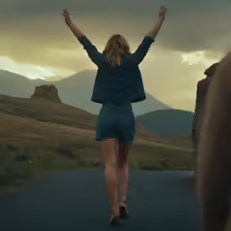 a woman in shorts stands on a road with her arms raised