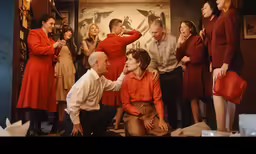 the man sits with a group of women in a lobby