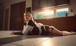 an attractive woman is laying on the floor and smiling