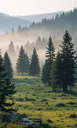 fog hovers over a tree - filled field in the wilderness