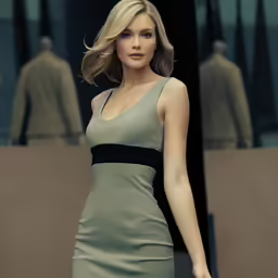 a model posing in a green and black dress