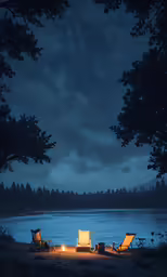 the fire and lawn chairs are lit up at night time