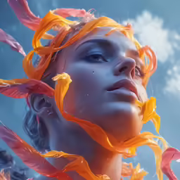 a woman with sunflowers on her head and eyes