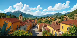 looking down at a town with lots of trees
