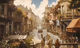 the city street with people walking on the sidewalk and parked vehicles