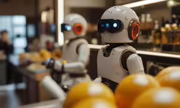 a robot that is standing next to oranges