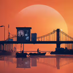 a beautiful sunrise with a clock tower in the center,boats floating on the water while the sun goes down