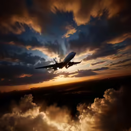 an airplane flying over clouds at sunset