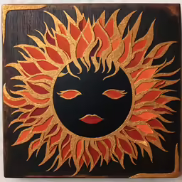 a painted sun with red, orange and gold leaves