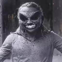 a girl in a creepy mask and makeup