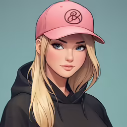a woman with blonde hair wearing a pink hat