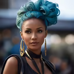a beautiful woman with blue hair and big earrings