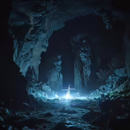 a lit flashlight shines inside of a cave