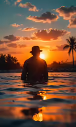 the person in the hat is floating in the water