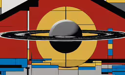 a large black and yellow object is in front of a red and yellow house,a painting that has a picture of an object