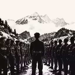 soldiers and military in uniform standing at attention near mountains